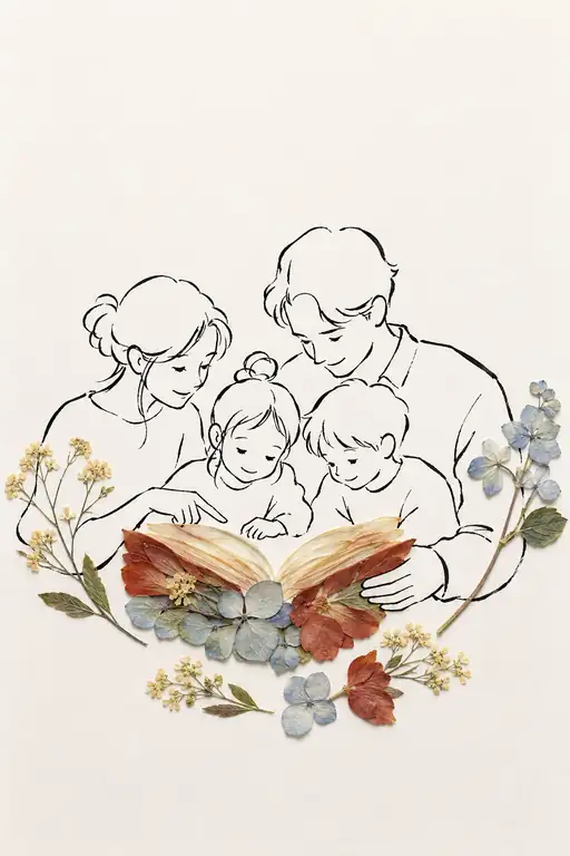 花弁の絵本を囲む家族の団欒