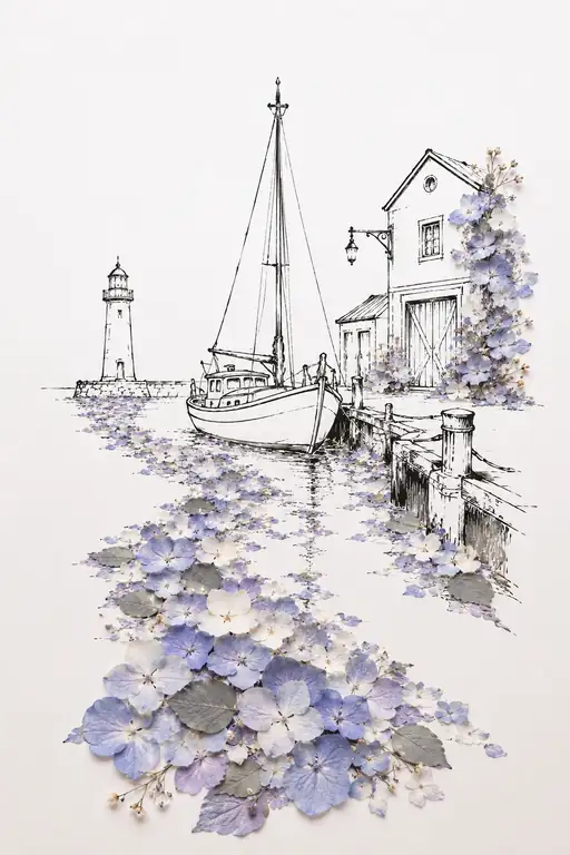 Harbor of Blue Hydrangeas and the Lighthouse