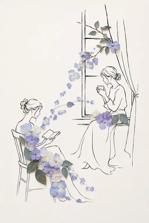 読書と窓辺のティータイムを結ぶ紫陽花
