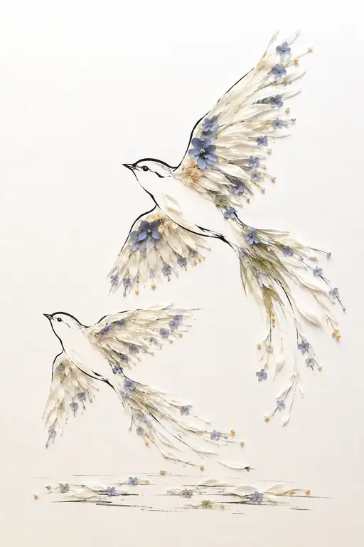 白花と青小花の翼で飛翔するつがいの鳥