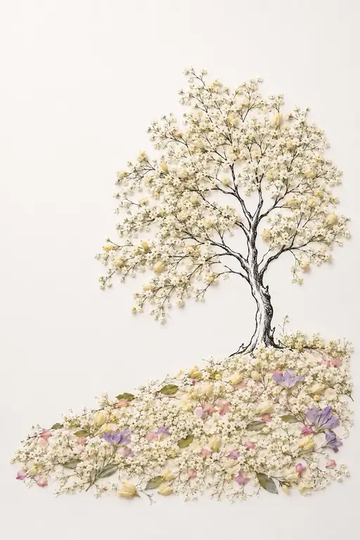 花咲く丘に立つ一本の白い大樹