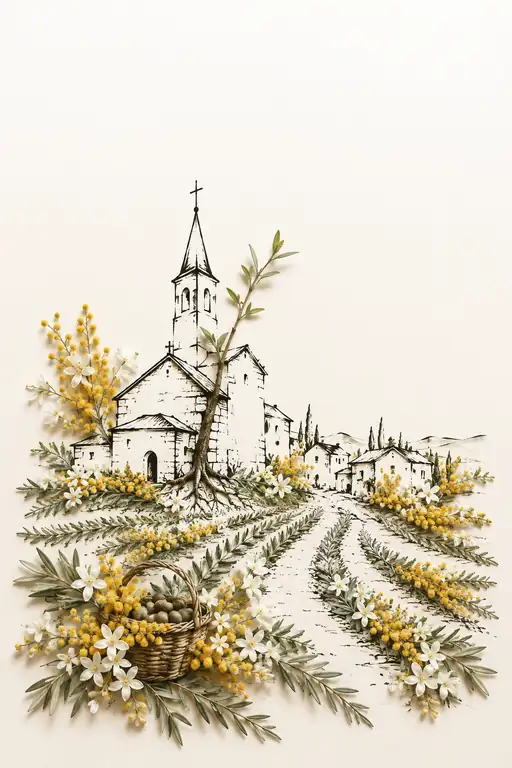 Olive Harvest Beneath the Village Spire