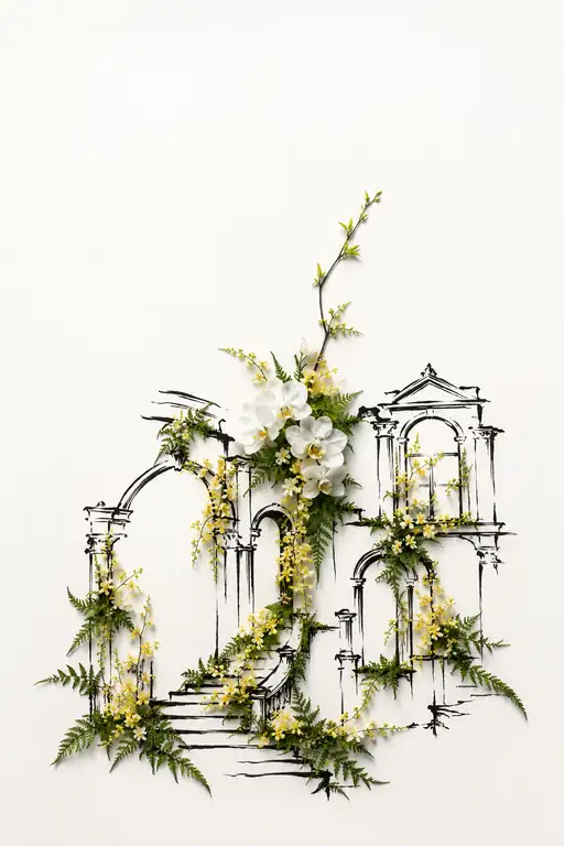 Canopy of White Orchids on Ancient Arches