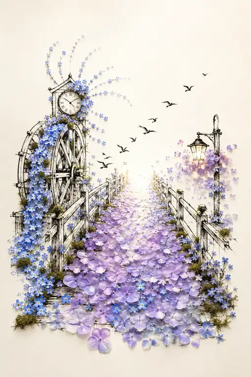 The Waterwheel Clock and the Path of Hydrangeas