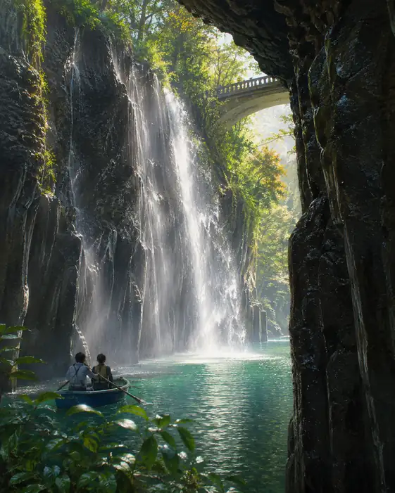 Rowboat Beneath the Gorge and Waterfall