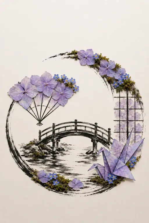 円相の調べ、紫陽花と太鼓橋の水景