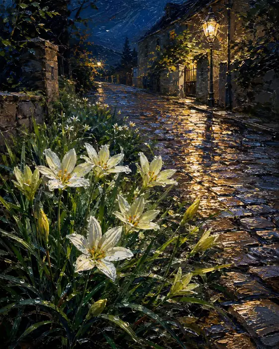 Rainlit Alley of Amber and Bloom