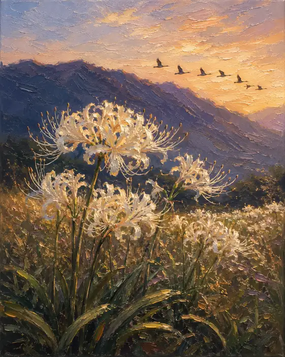 Flight at Dusk Over White Lycoris