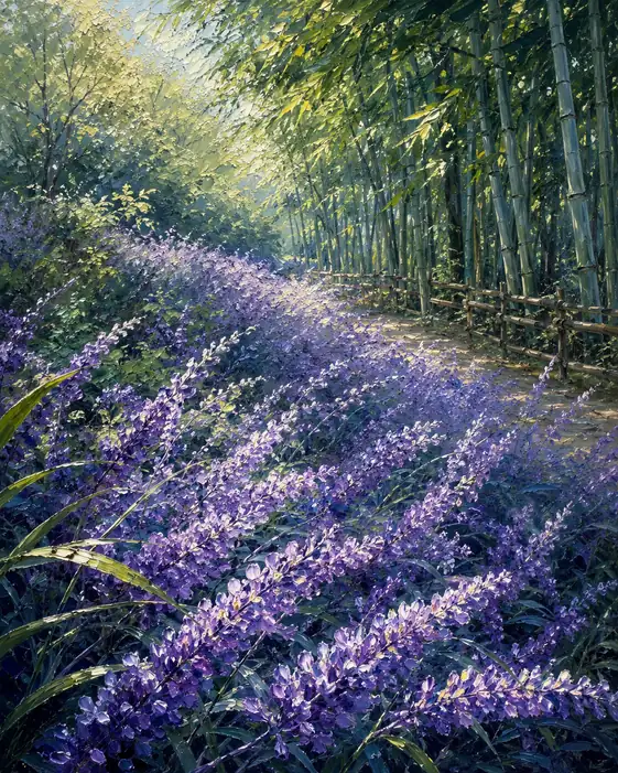 Sunlit Path Through the Bamboo Grove