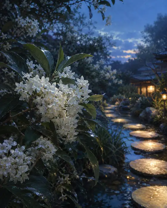 藍の夕べ、水面に灯る飛石