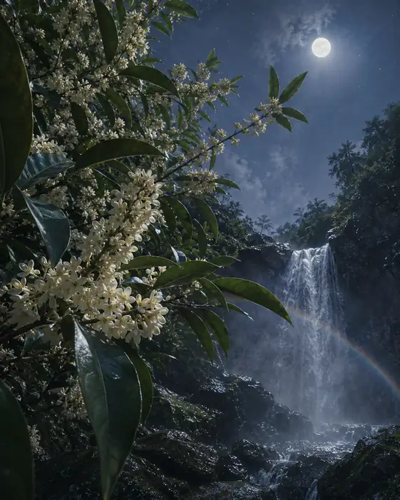 月下の瀑布に架かる夜虹