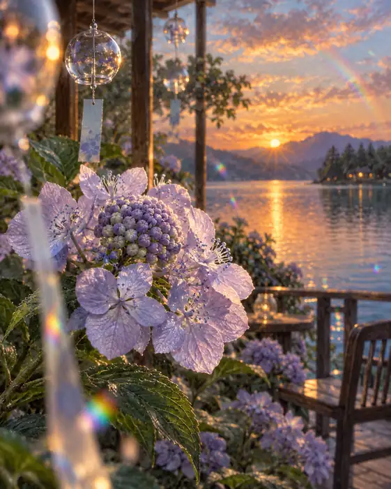 Twilight Over the Lake, Chimes and Hydrangeas