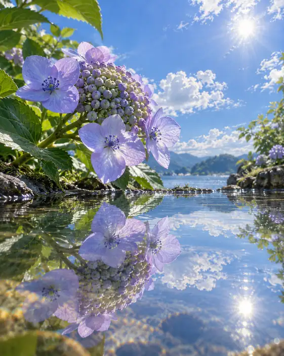 Mirrored Skies and Blooming Hydrangeas