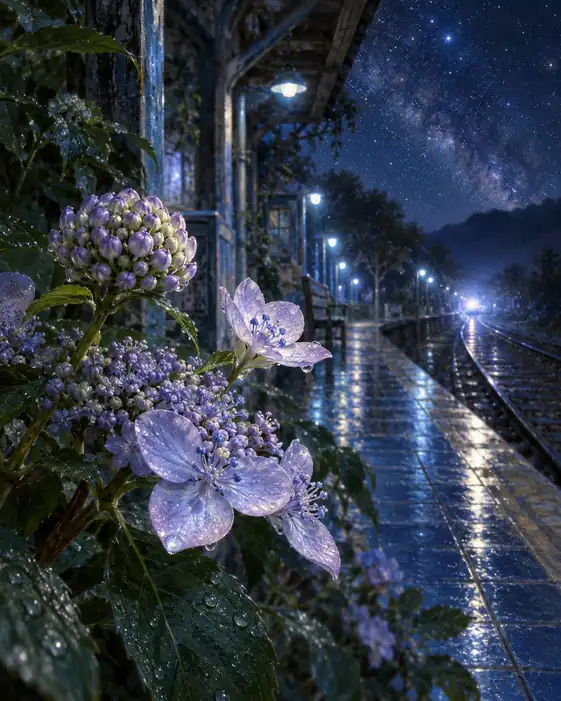 Station Beneath the Milky Way, Hydrangeas in the Rain