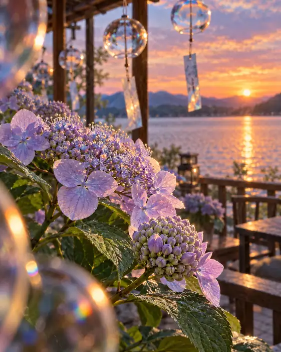 Terrace in the Sunset Glow, Chimes and Hydrangeas