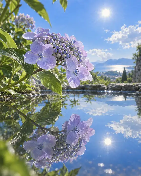 Mirrored Horizons, Hydrangea by the Stone Basin