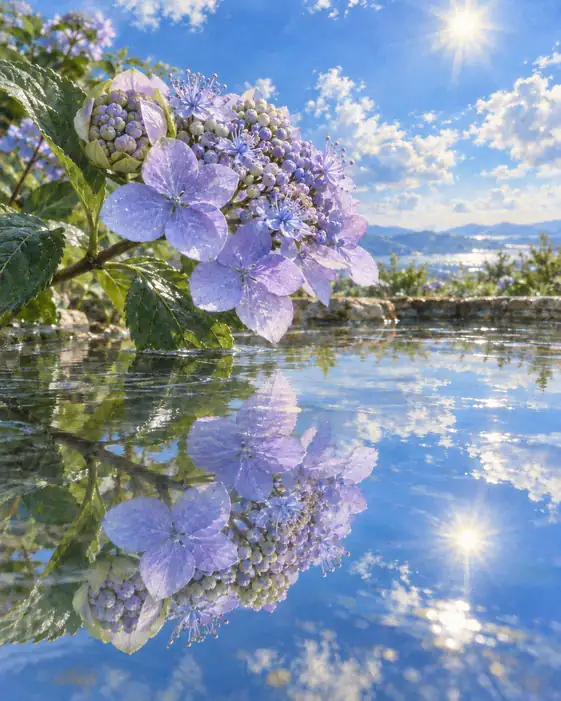 Ripples of Sunlight, Hydrangeas Mirrored in Blue