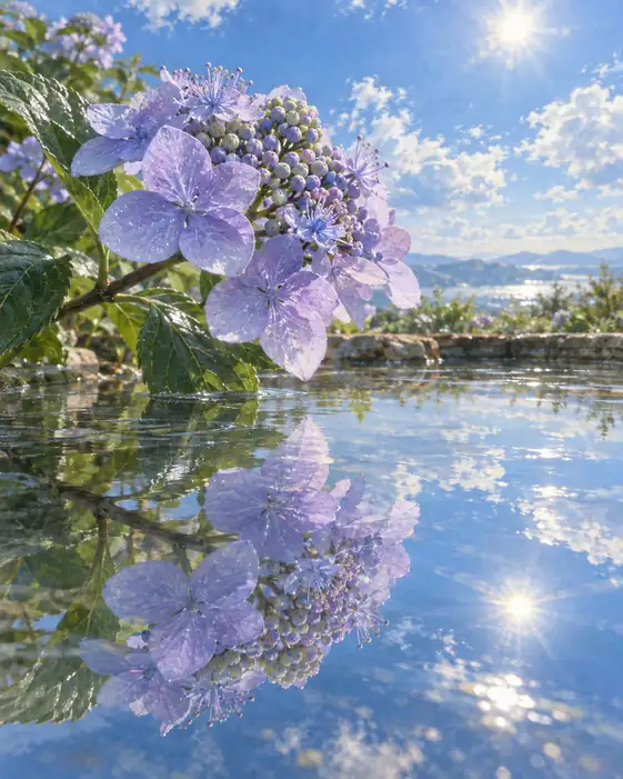 Ripples of Light, Hydrangeas Mirrored in Summer