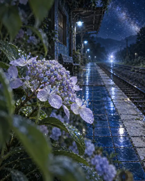 Starlit Station, Night Rain and Hydrangeas