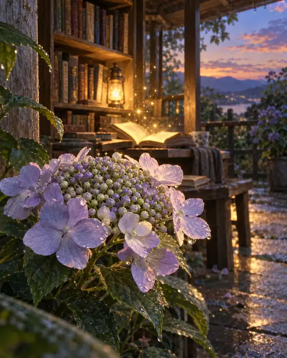 Luminous Pages, Twilight Study and Hydrangeas