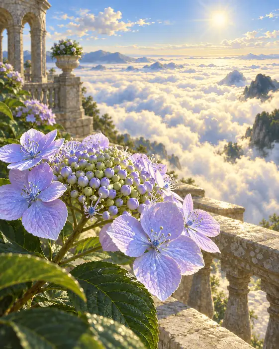 Terrace Above the Clouds, Morning Sun and Hydrangeas