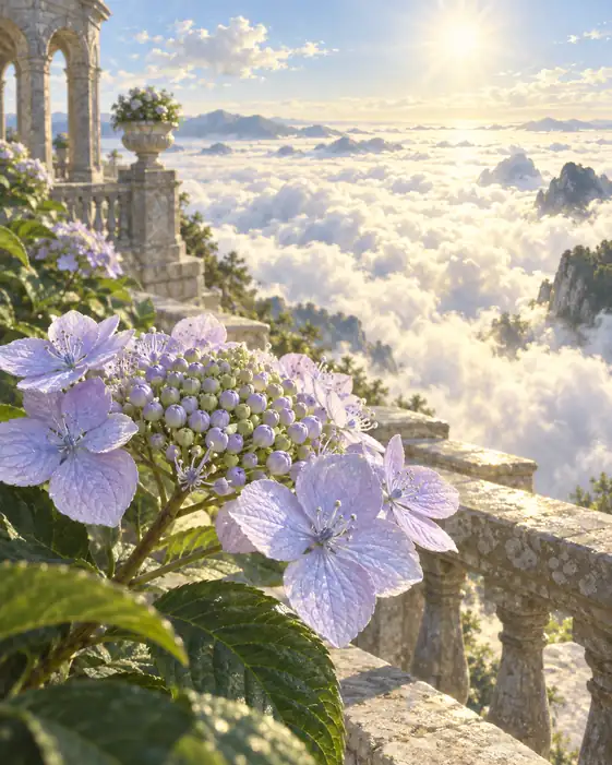 Corridor in the Clouds, Hydrangeas in the Morning Sun
