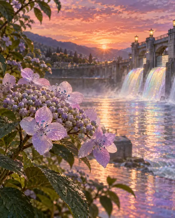 Sluice Gate in the Evening Glow, Prismatic Waters and Hydrangeas