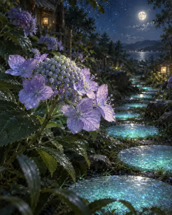 月下の庭園、青碧の敷石と紫陽花