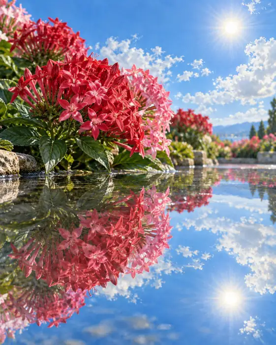 Mirror of Sky and Crimson Blooms