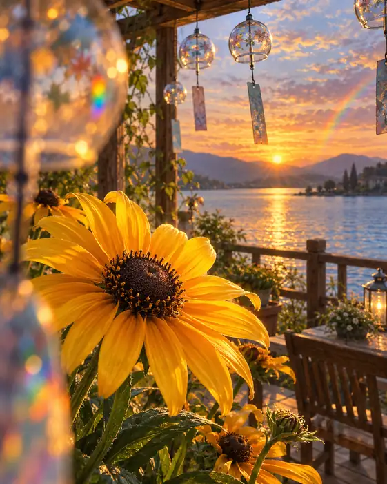 Wind Chimes and Sunflowers at Dusk