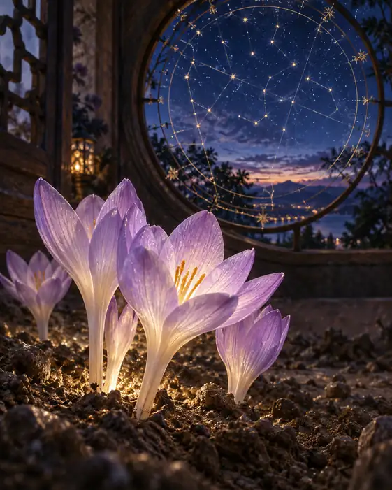 Constellation Window and Glowing Crocuses