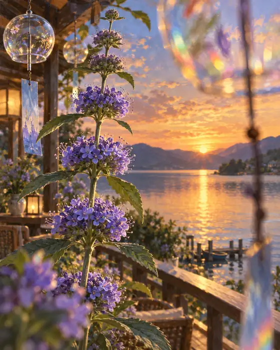 Wind Chimes and Caryopteris at Twilight