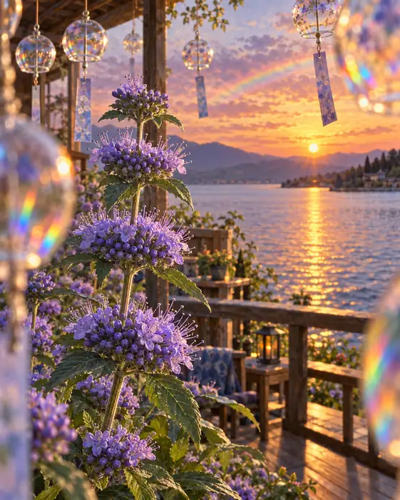 Wind Chimes and Rainbow over the Lake