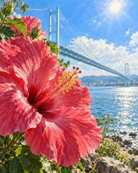 Suspension Bridge and Scarlet Hibiscus