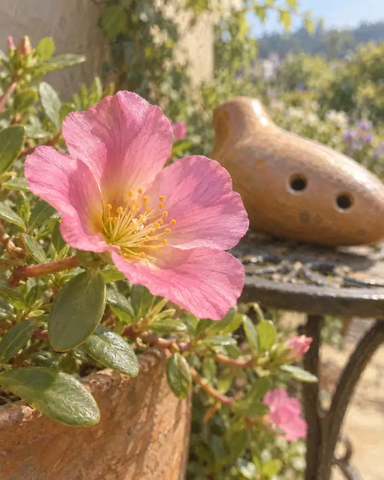 Ceramic Ocarina and Pink Portulaca