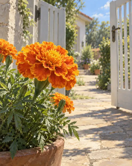 Open Garden Gate and Orange Marigold