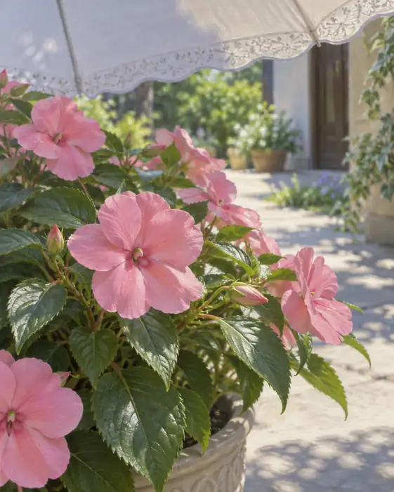 Lace Parasol Shade and Pink Impatiens