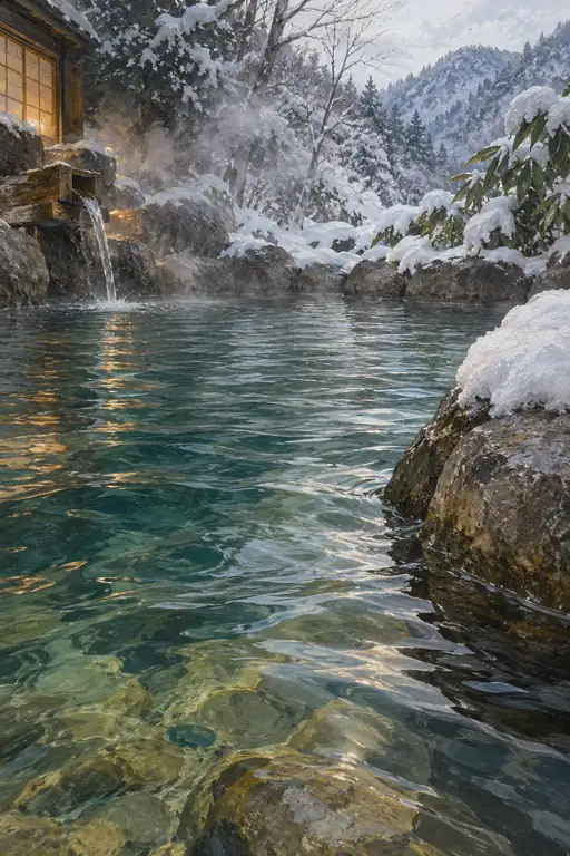 障子の灯に雪解ける湯