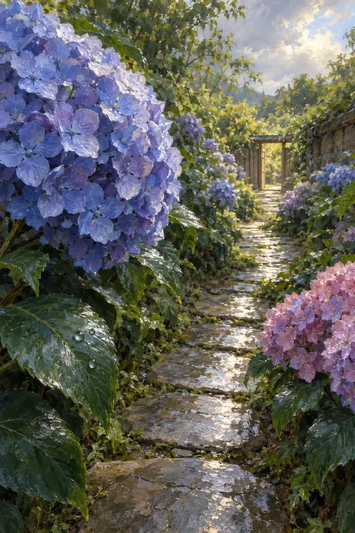 Sunlit Stones After the Hydrangea Rain