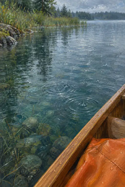 澄みわたる湖底と雨の波紋