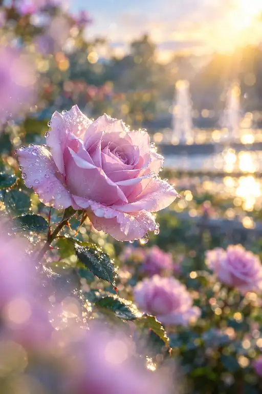 噴水の光露を纏う薔薇