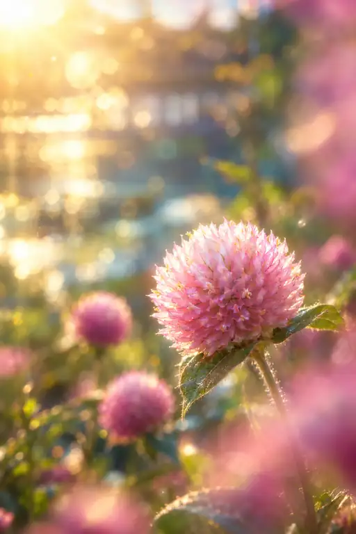 夕光に灯る千日紅の毬