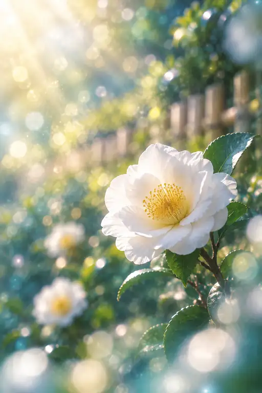 竹垣の木漏れ日に咲く白山茶花