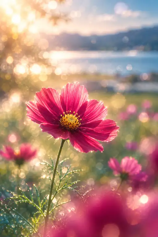 朝の湖畔に透ける紅紫の秋桜