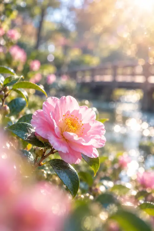 木橋の池畔に咲く薄紅の山茶花