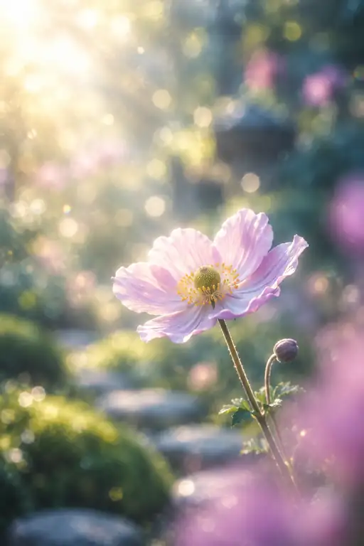 飛び石の茶庭に微笑む秋明菊