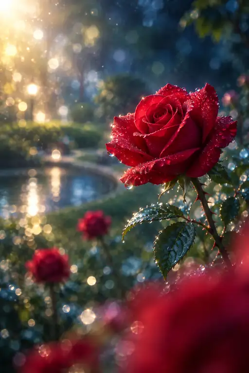 朝露の池畔に燃ゆる深紅の薔薇