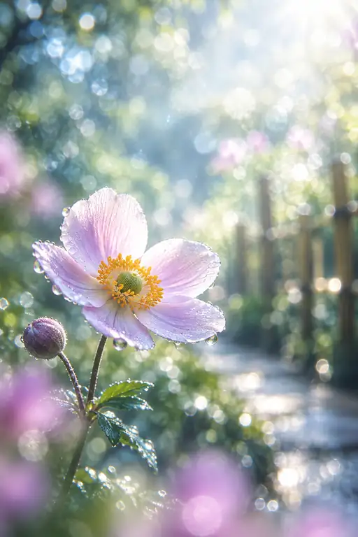 竹垣の小道に朝露まとう秋明菊