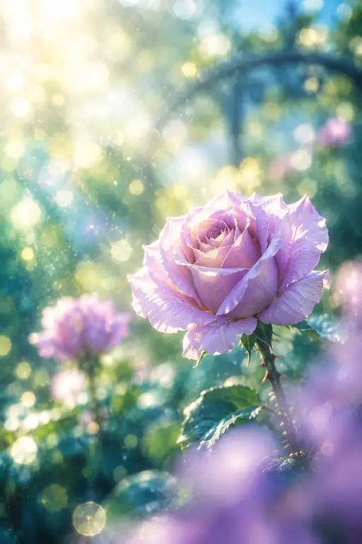 鉄製アーチの朝光に香る紫薔薇
