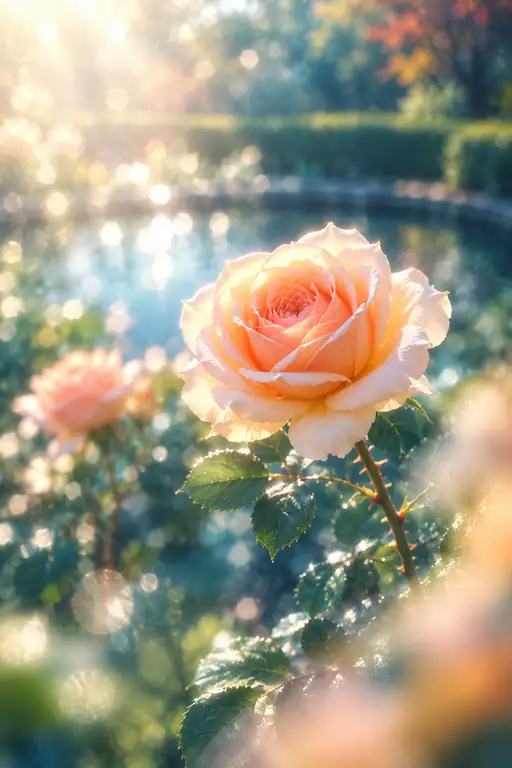 園池の朝光に輝くアプリコット薔薇